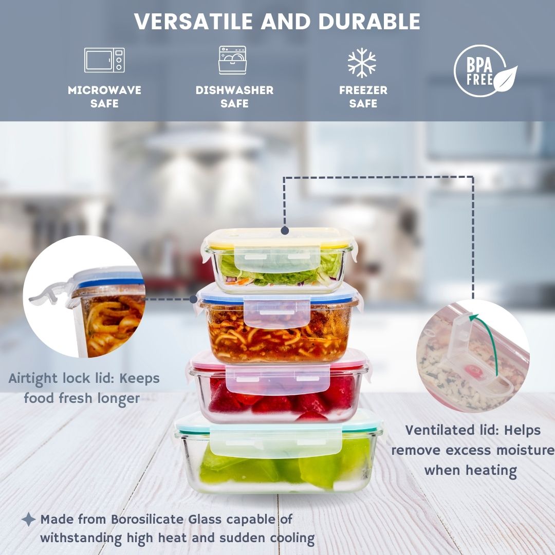 8-Piece Premium Borosilicate Glass Meal Prep Food Container Set