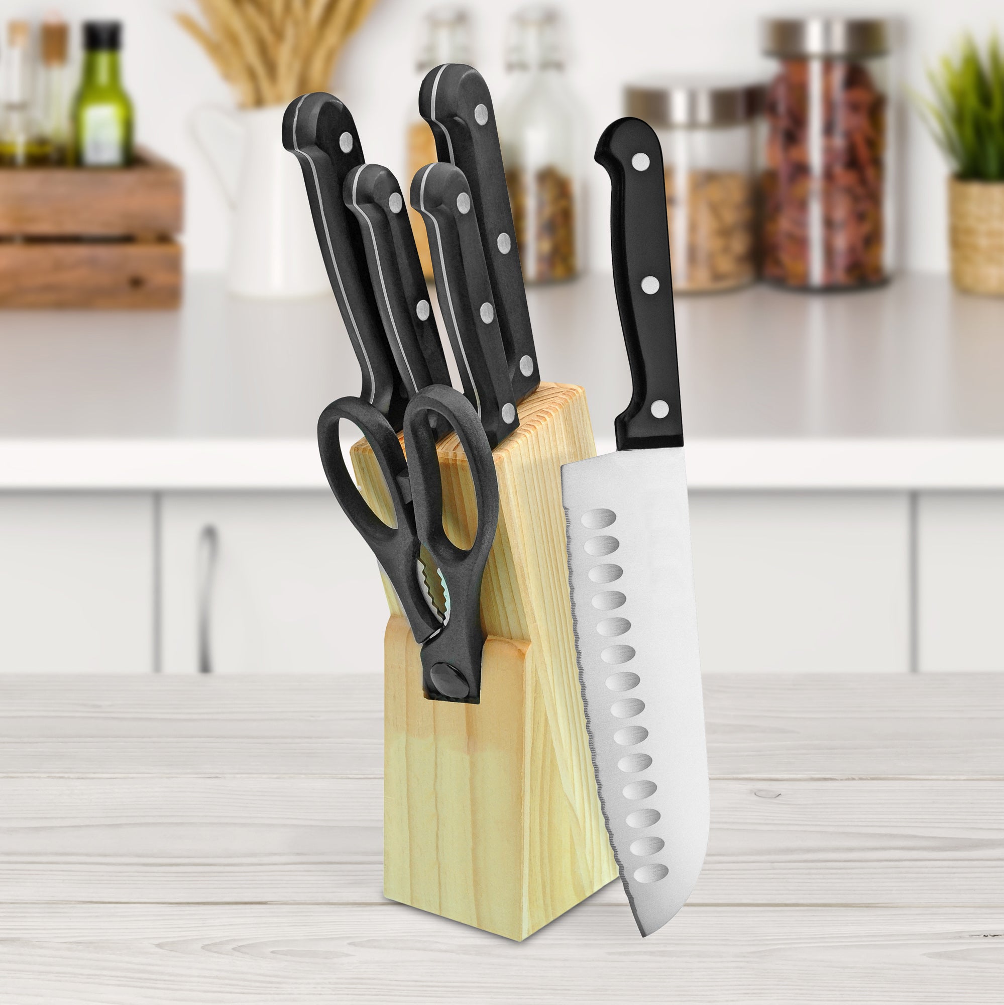 7-Piece Black Stainless Steel Knife Block Set – Lexi Home