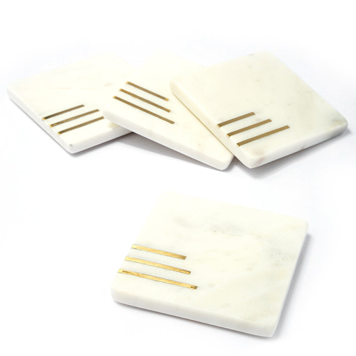 Marble Coasters - Square/White, Triple Inlay - Set of 4