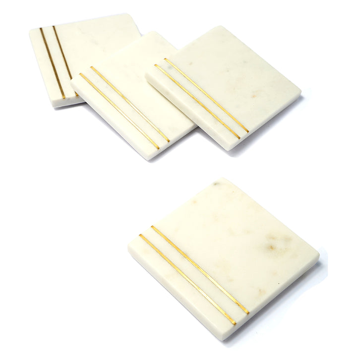 Marble Coasters - Square/White, Double Inlay - Set of 4