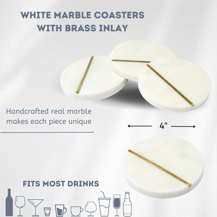 Marble Coasters - Round/White, Single Inlay - Set of 4