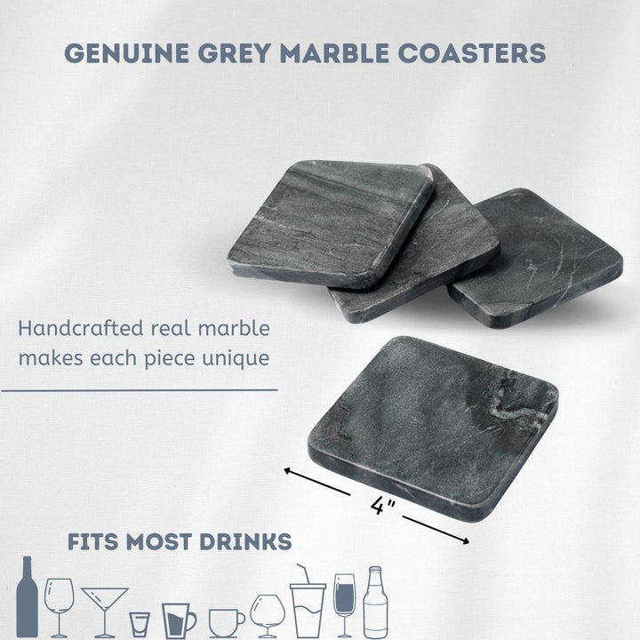 Marble Coasters - Square/Grey, Solid - Set of 4