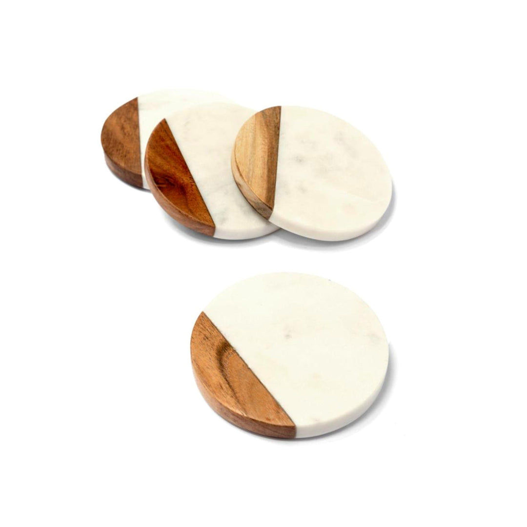 Marble Coasters - Round/White, Wood Accent - Set of 4