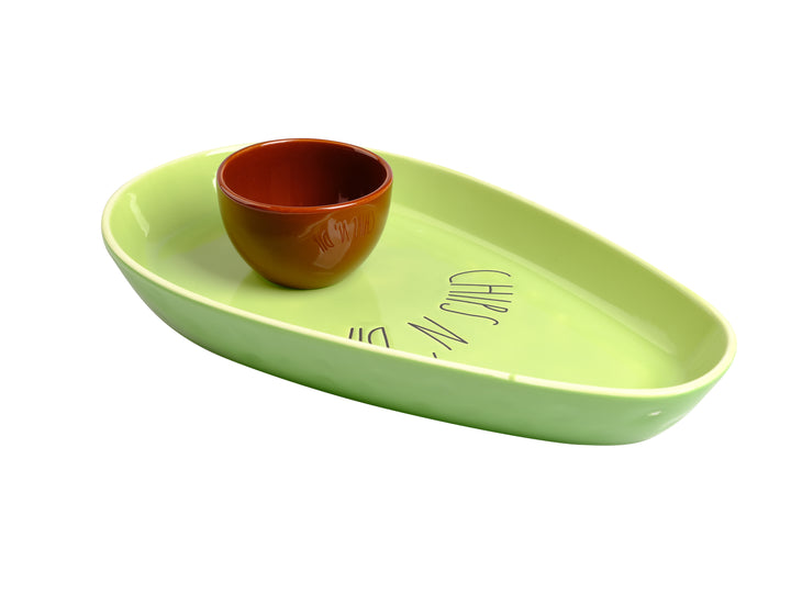 Green 14 Inch Ceramic Avocado Chip and Dip Serving Tray