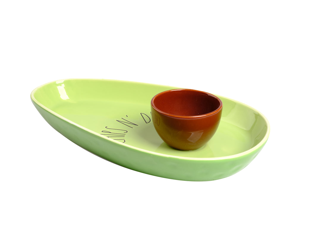 Green 14 Inch Ceramic Avocado Chip and Dip Serving Tray