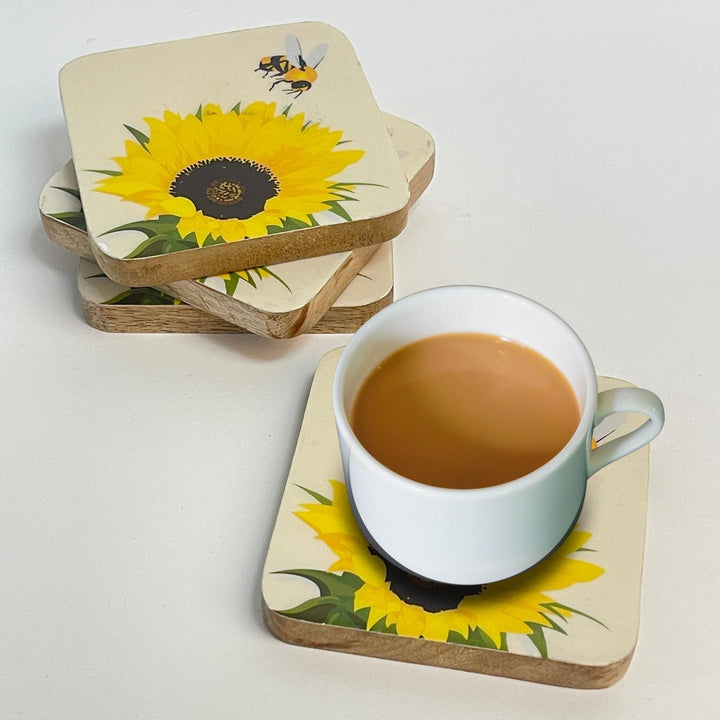 Mango Wood Sunflower Coasters - Set of 4