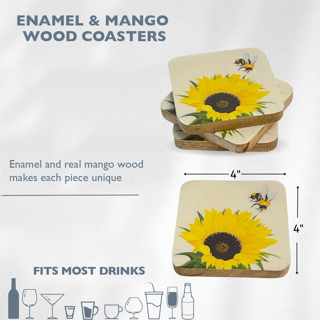 Mango Wood Sunflower Coasters - Set of 4