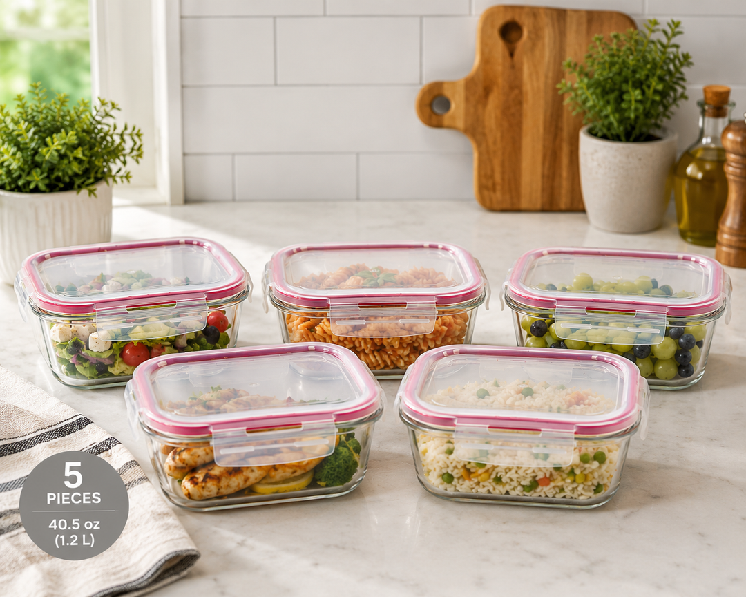 Lexi Home Square 40.5 oz. Glass Food Storage Container with Red Locking Lid