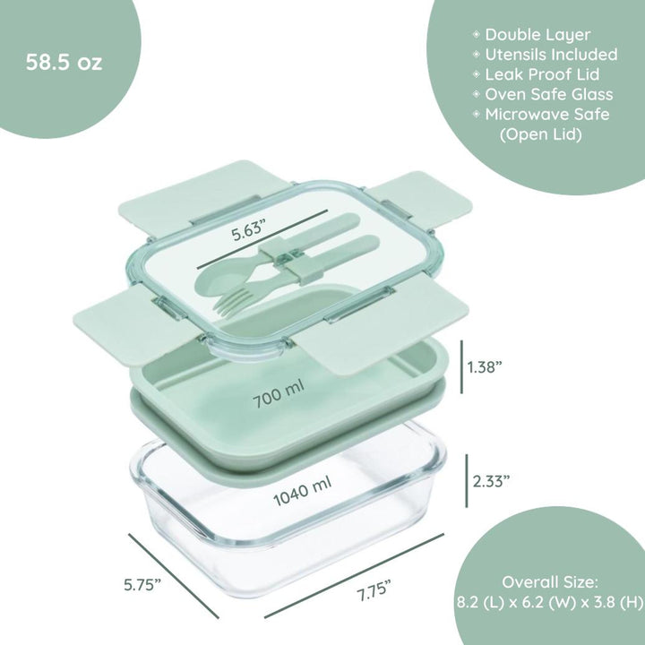 Deluxe 4-in-1 Double Layer Glass Bento Lunch Box in Sage