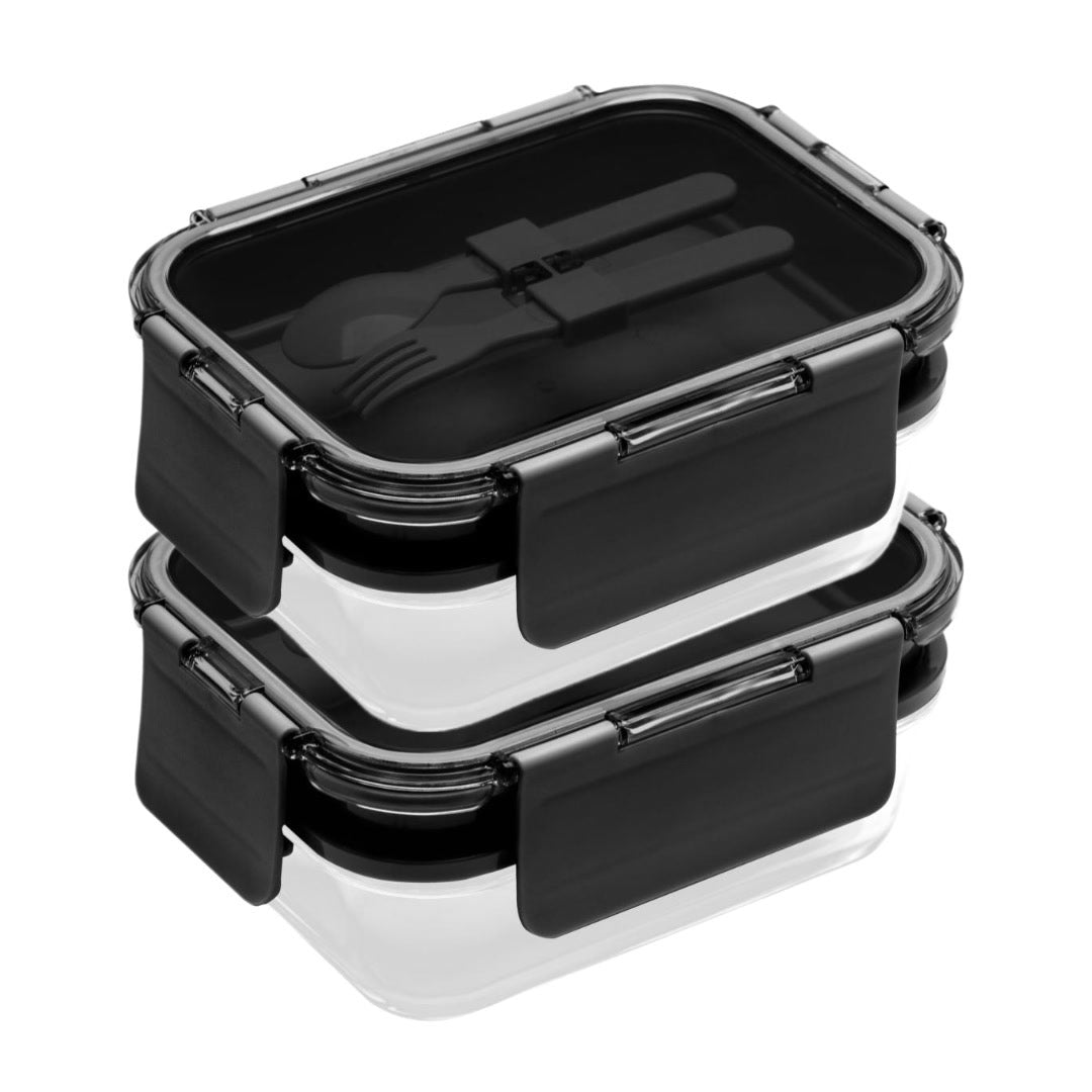 Deluxe 4-in-1 Double Layer Glass Bento Lunch Box in Black