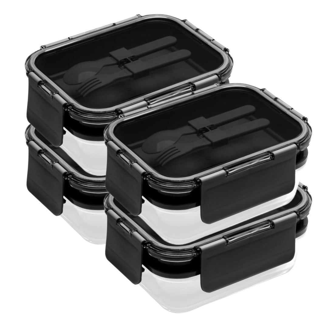 Deluxe 4-in-1 Double Layer Glass Bento Lunch Box in Black