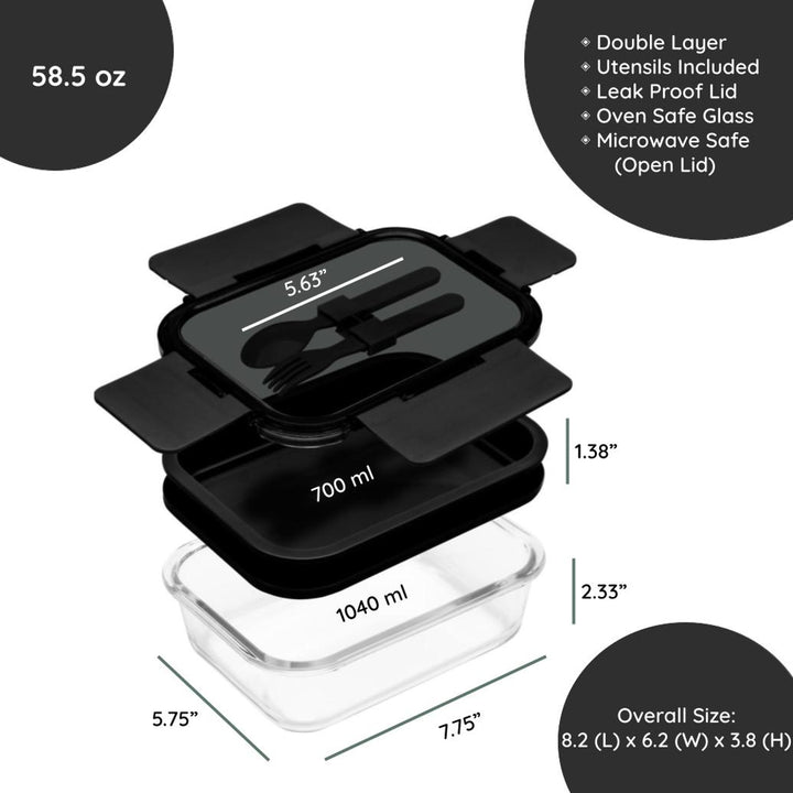 Deluxe 4-in-1 Double Layer Glass Bento Lunch Box in Black