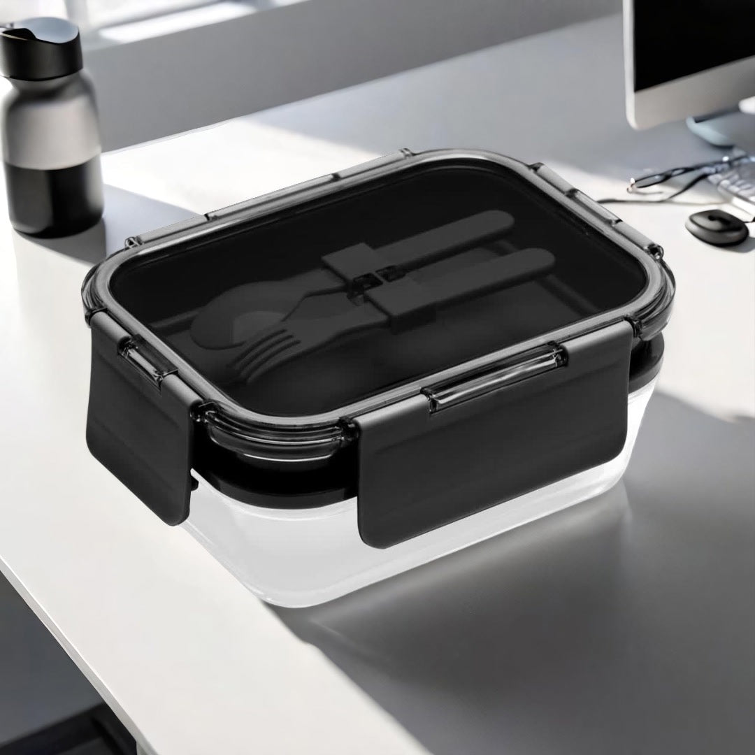 Deluxe 4-in-1 Double Layer Glass Bento Lunch Box in Black