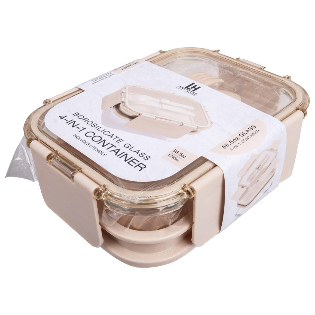 Deluxe 4-in-1 Double Layer Glass Bento Lunch Box in Cream