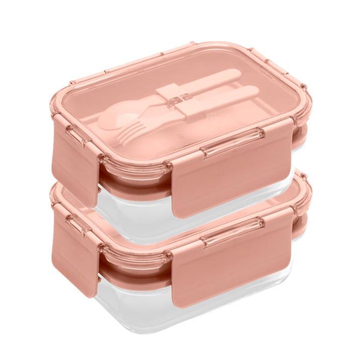 Deluxe 4-in-1 Double Layer Glass Bento Lunch Box in Pink