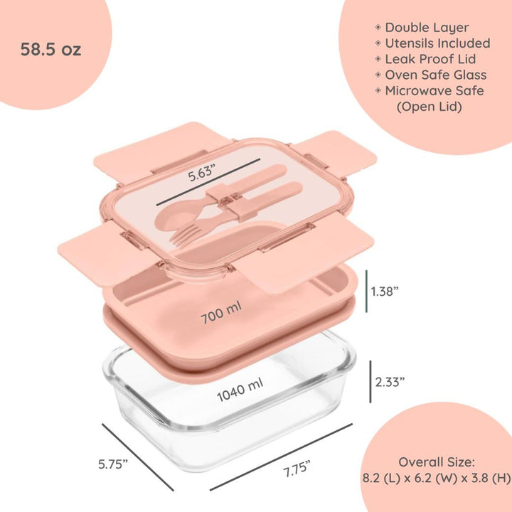 Deluxe 4-in-1 Double Layer Glass Bento Lunch Box in Pink