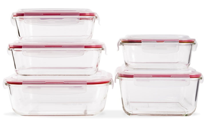 Lexi Home 10-Piece Glass Food Storage Container Set with Red Locking Lids