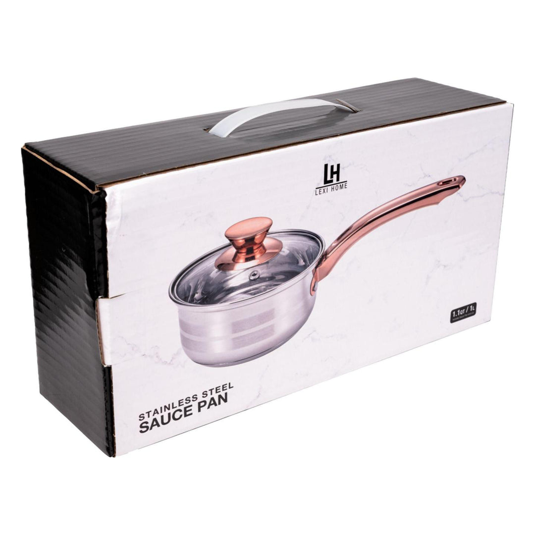 1.1 Qt. Matte Stainless Steel Saucepan Polished Stripes Rose Gold Handle