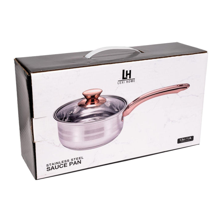 1.7 Qt. Matte Stainless Steel Saucepan Polished Stripes Rose Gold Handle