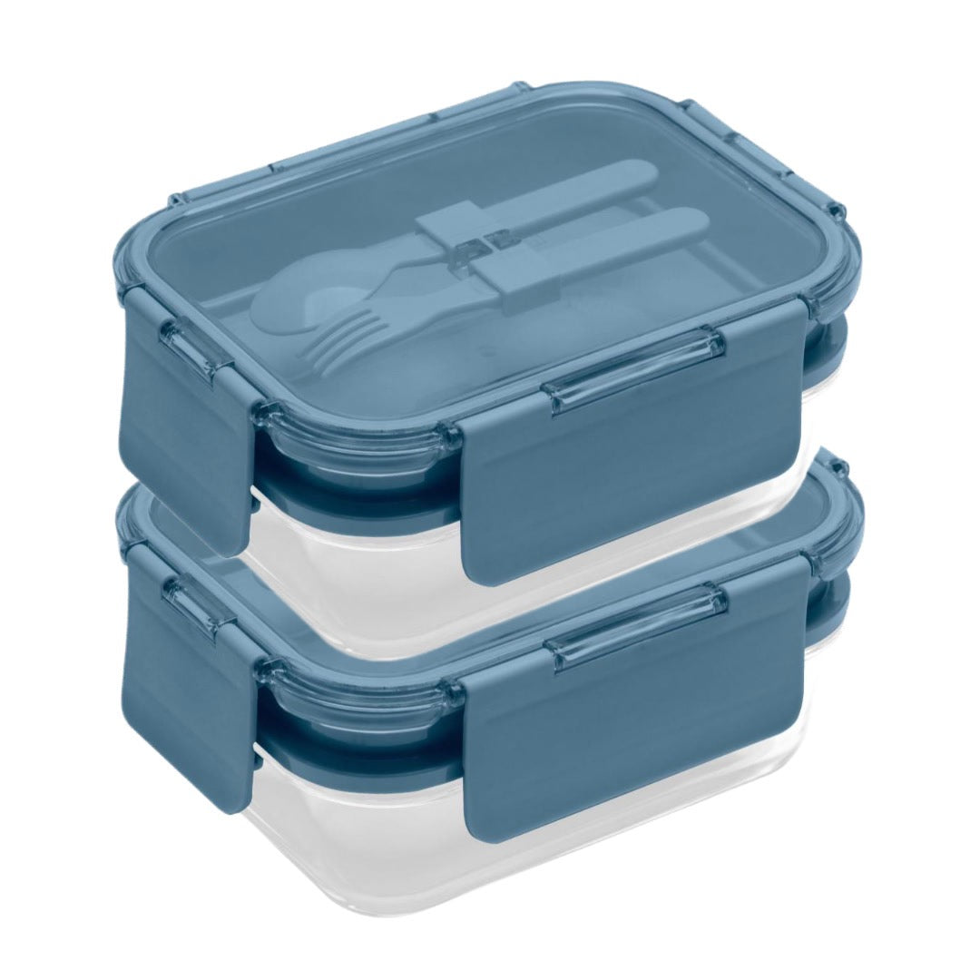 Deluxe 4-in-1 Double Layer Glass Bento Lunch Box in Slate Blue