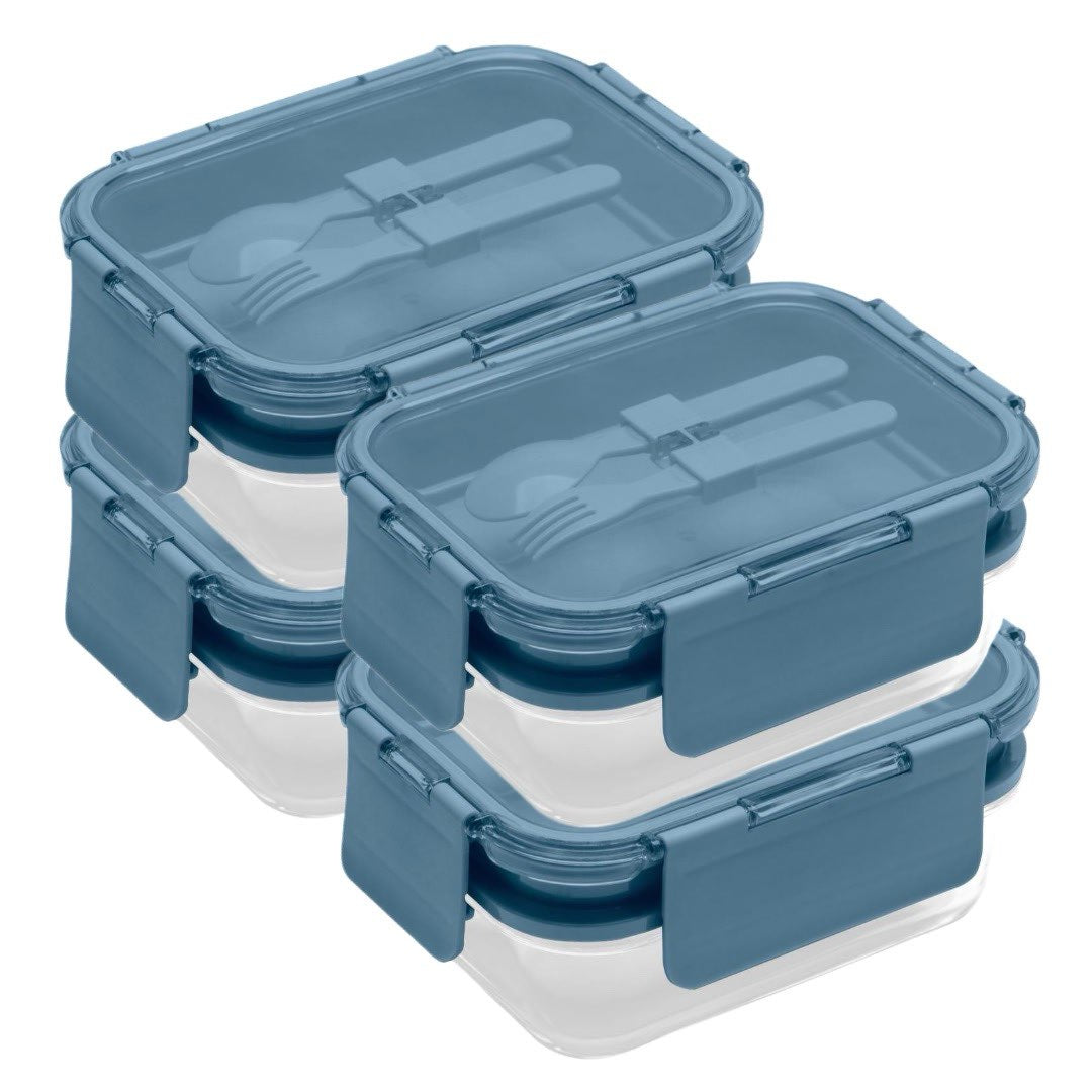 Deluxe 4-in-1 Double Layer Glass Bento Lunch Box in Slate Blue