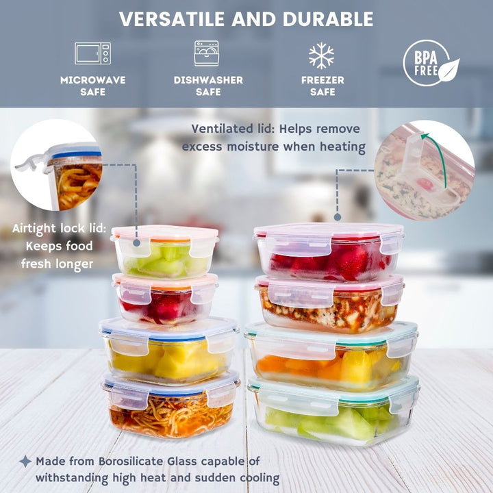 16-Piece Premium Borosilicate Glass Meal Prep Food Container Set