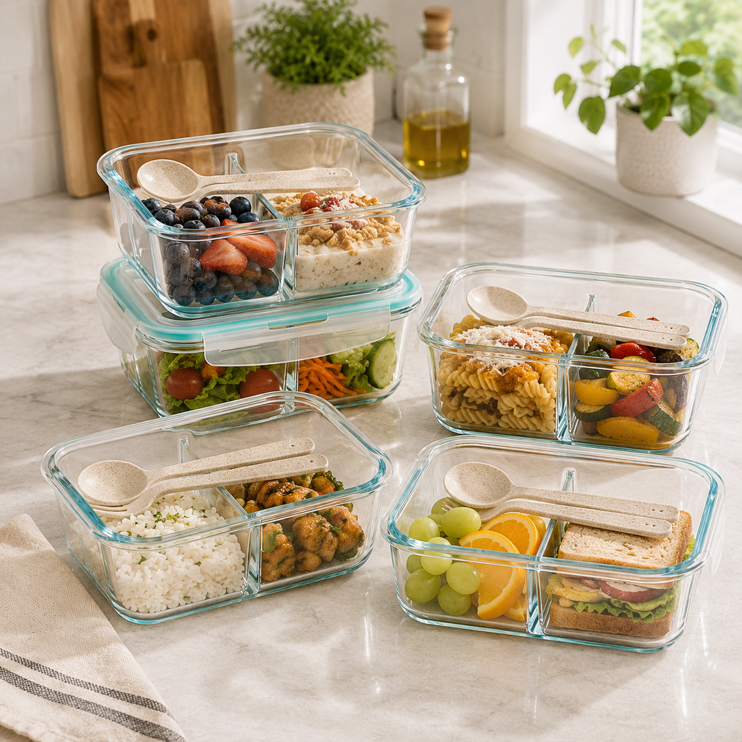 Lock and Seal 35 oz. 2-Compartment Glass Container with Utensils