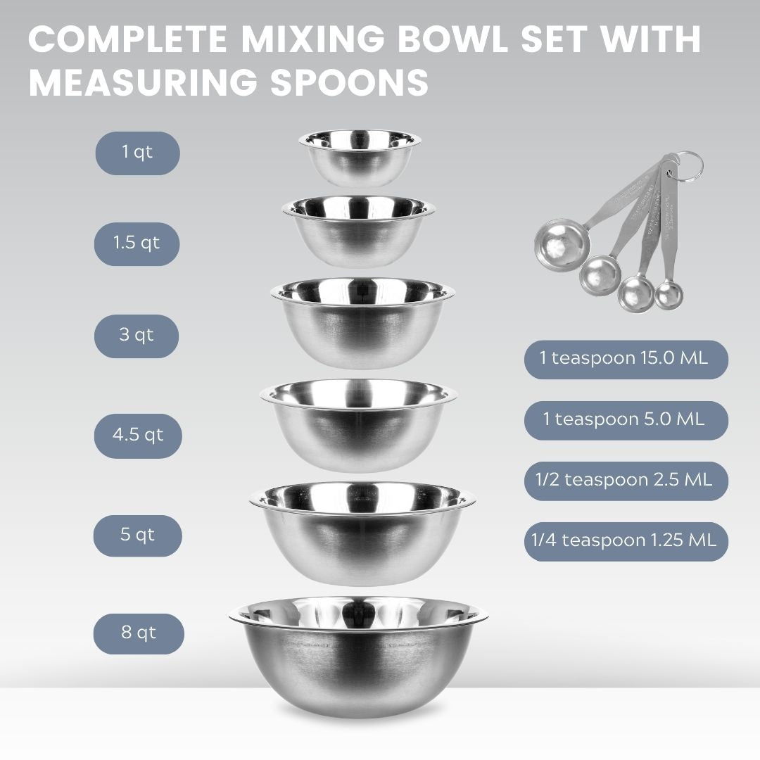  Tezzorio (Set of 10) Stainless Steel Mixing Bowl Set, 3/4-1  1/2-3-4-5-8-13-16-20-30 Quart Polished Mirror Finish Nesting Flat Base Bowls,  Mixing/Prep Bowls: Home & Kitchen