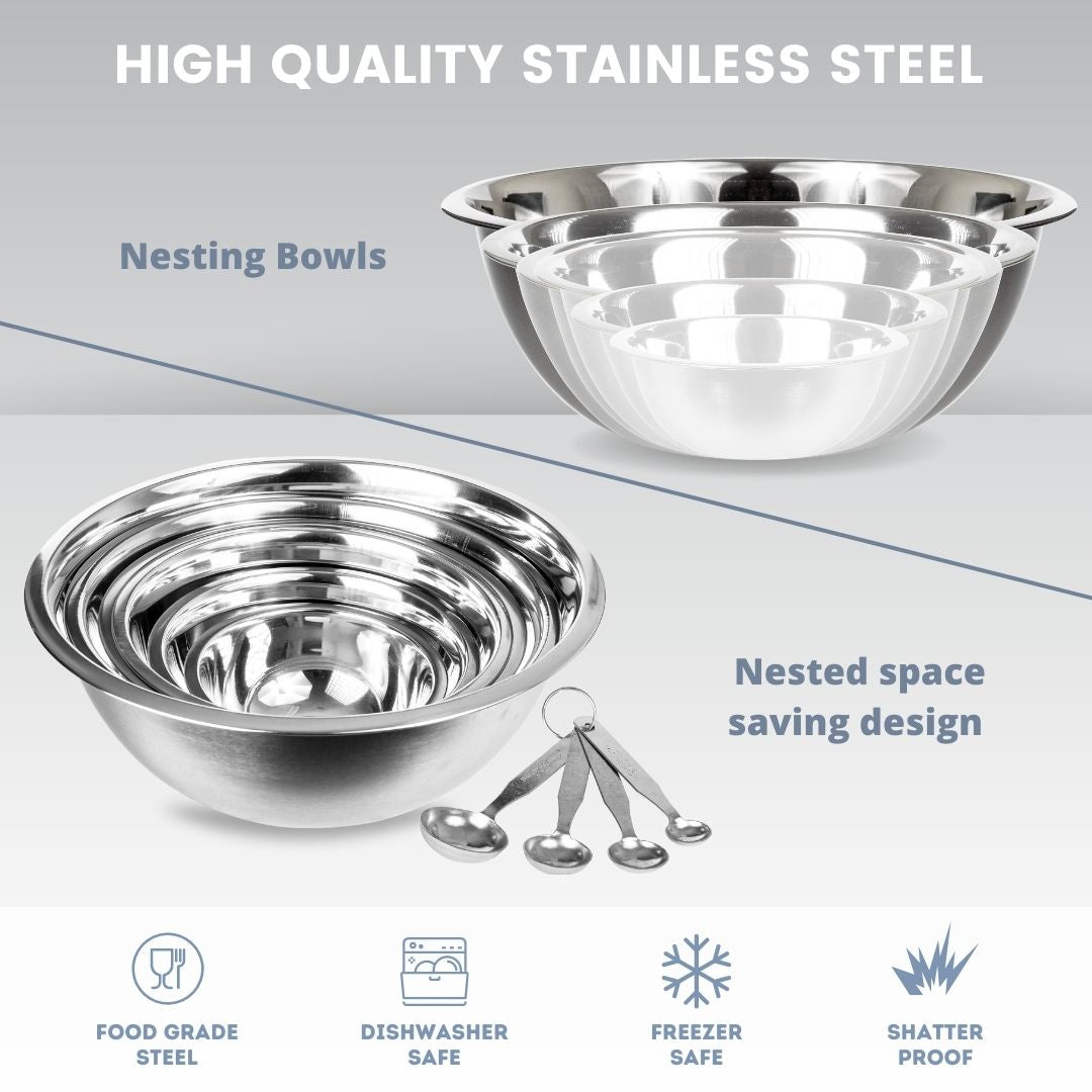 Tezzorio (Set of 10) Stainless Steel Mixing Bowl Set, 3/4-1  1/2-3-4-5-8-13-16-20-30 Quart Polished Mirror Finish Nesting Flat Base  Bowls, Mixing/Prep
