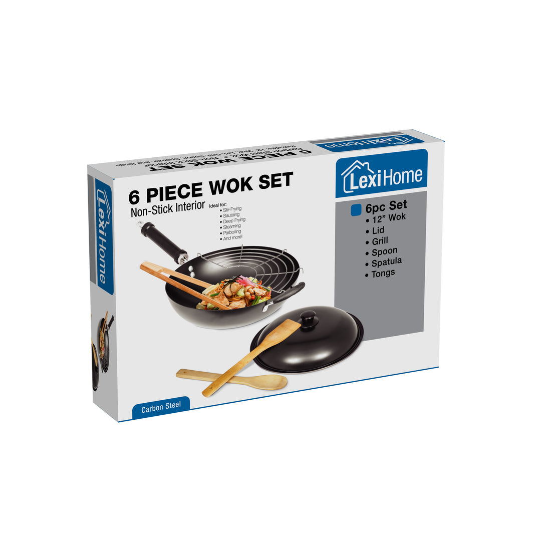 Lexi Home 12 in. Carbon Steel 6 pc. Wok Set with Bamboo Stir Fry Tools